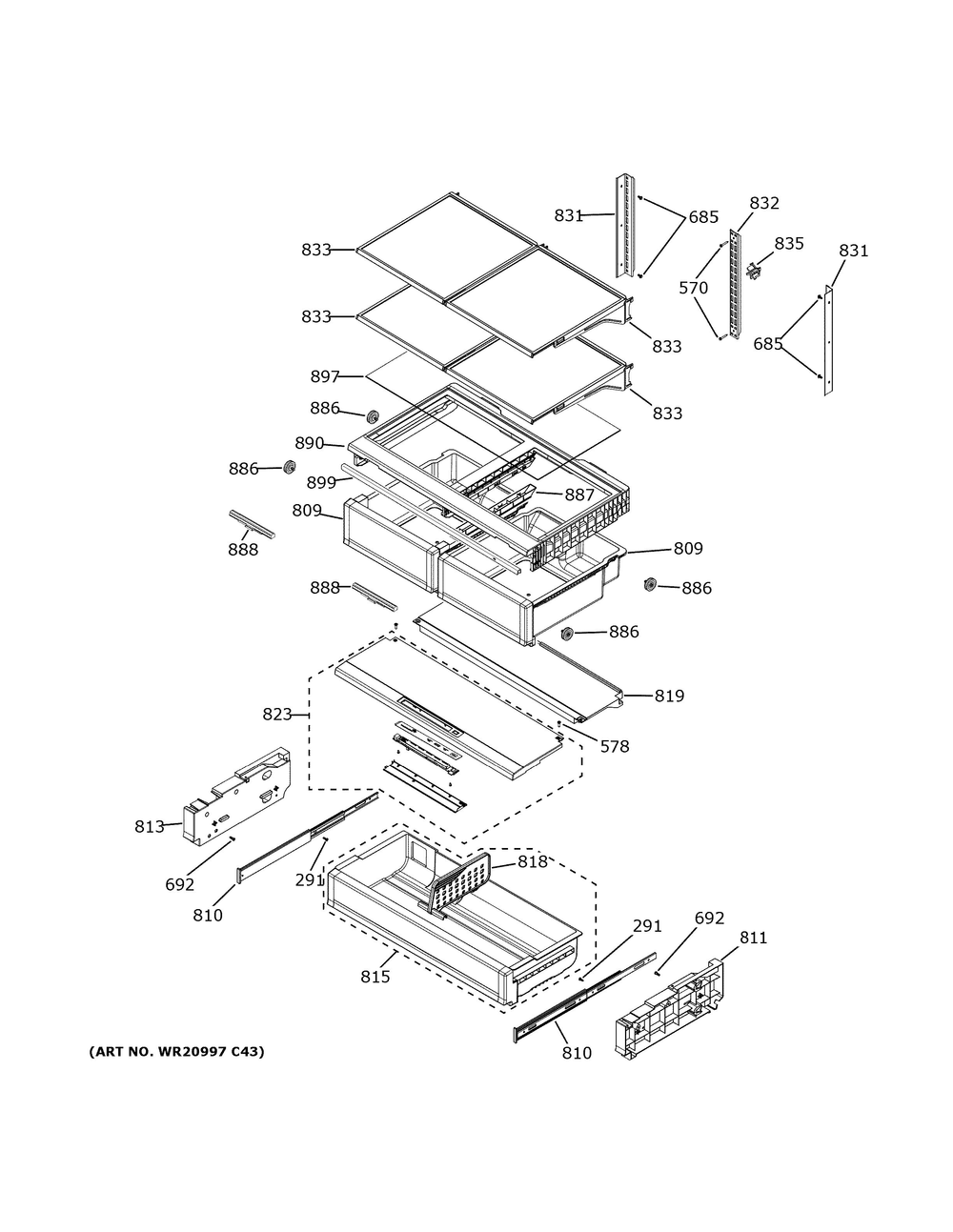 Fresh Food Shelves Diagram and Parts List for GWE23GYNIFS  General Electric Refrigerator