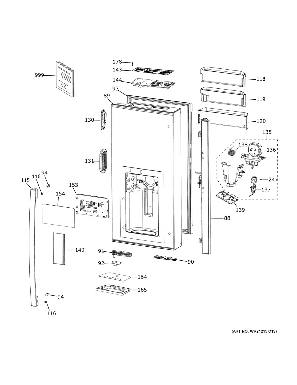 Dispenser Door Diagram and Parts List for PVD28BYNDFS  General Electric Refrigerator