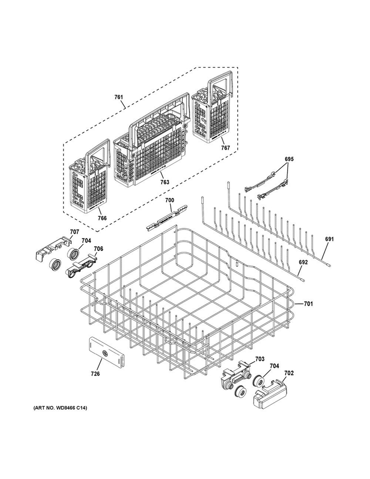 Lower Rack Assembly Diagram and Parts List for PDT760SIJ7II  General Electric Dishwasher