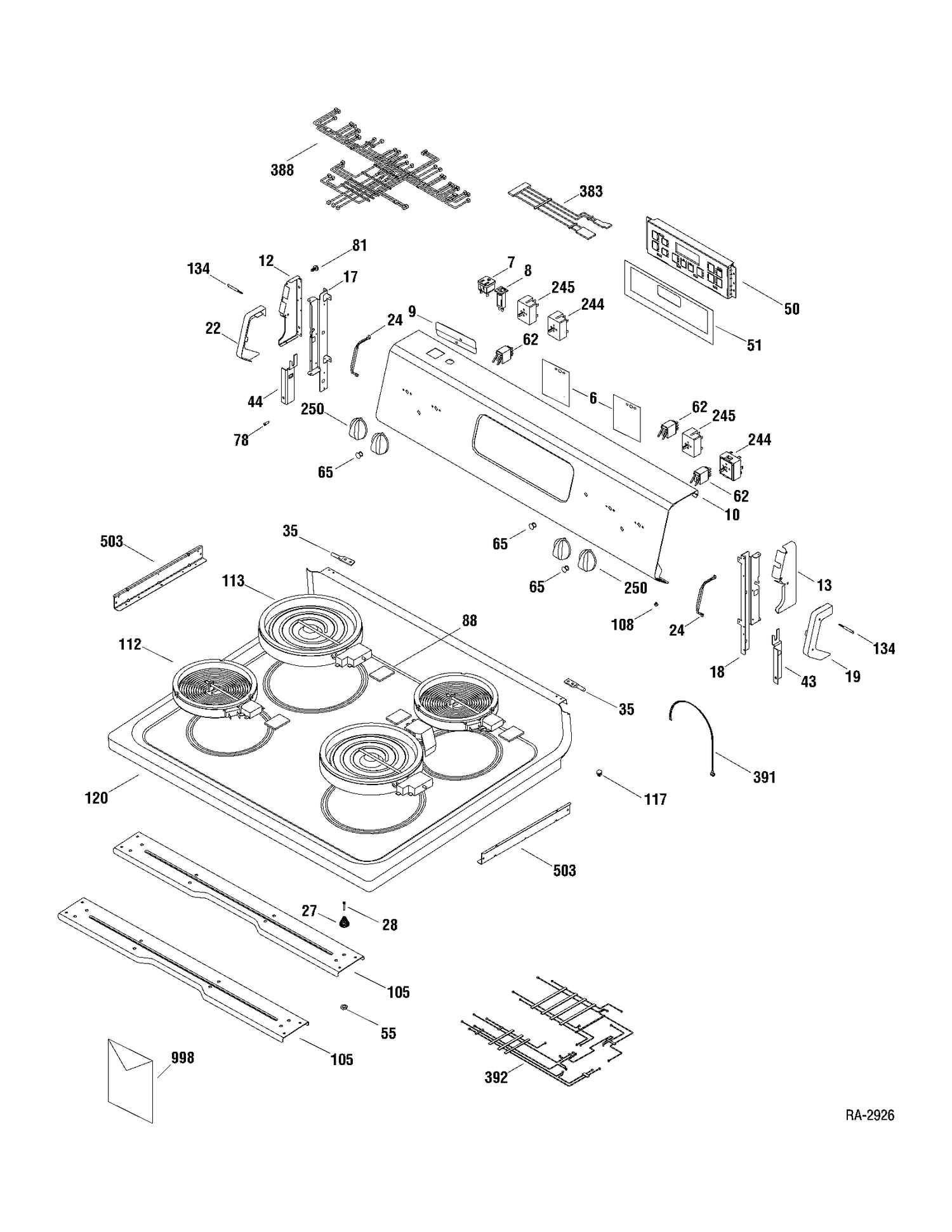 CONTROLS & COOKTOP Diagram and Parts List for RCB787DN1WW  General Electric Range