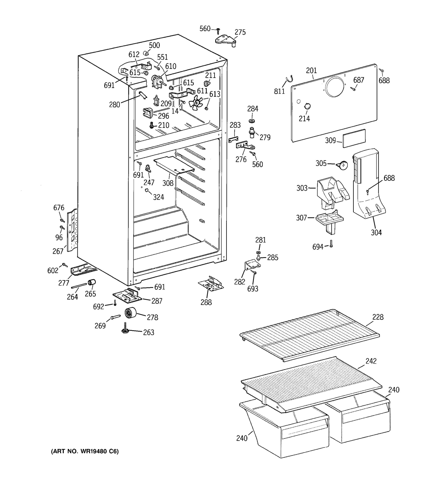 CABINET Diagram and Parts List for CTS16ABRERWW  General Electric Refrigerator