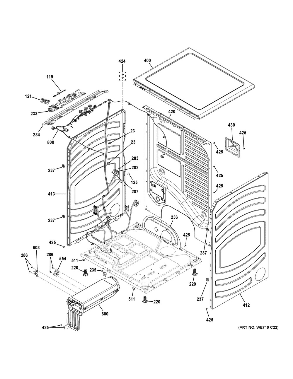 Cabinet And Top Panel Diagram and Parts List for GFD55ESPR2RS  General Electric Dryer