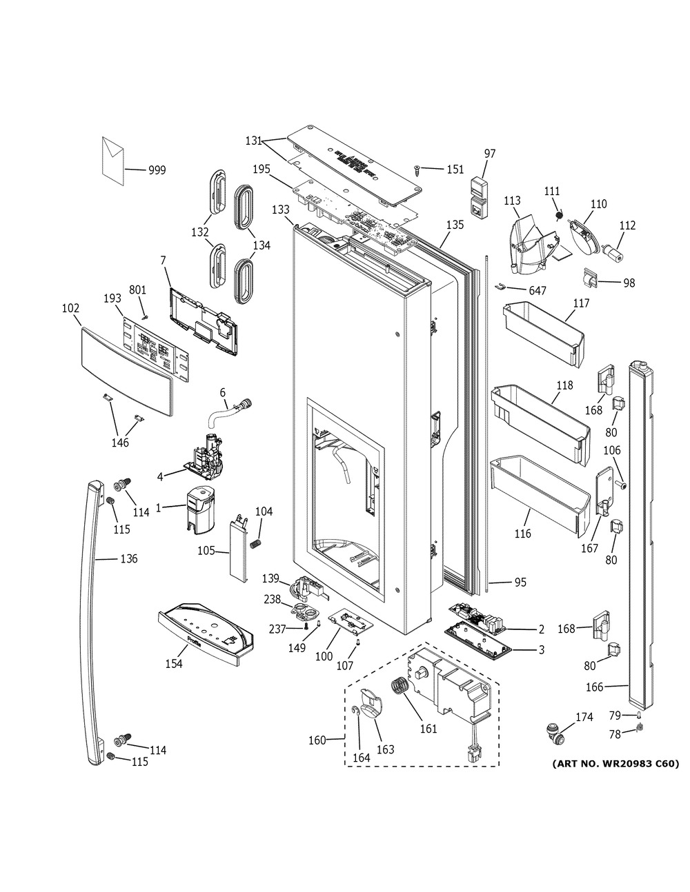 Dispenser Door Diagram and Parts List for PFE28PBLGTS  General Electric Refrigerator