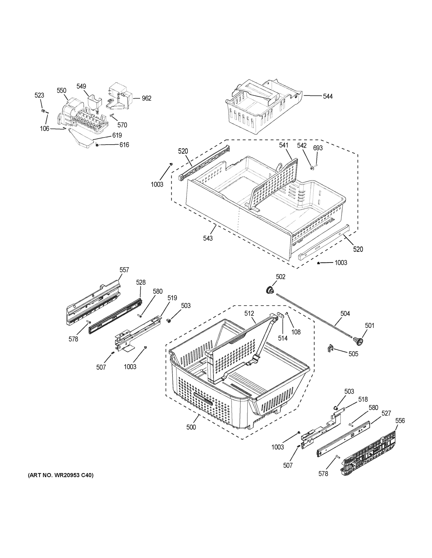 FREEZER SHELVES Diagram and Parts List for ZWE23ESHNSS  General Electric Refrigerator