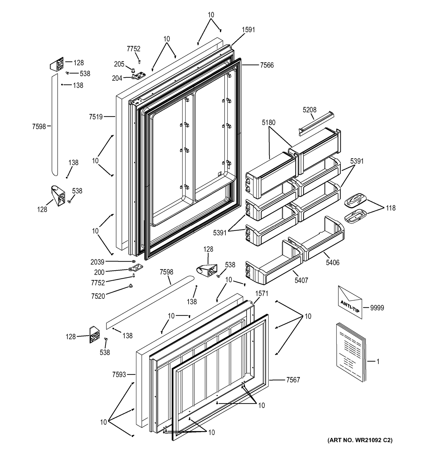 DOORS Diagram and Parts List for ZICP360NXDLH  General Electric Refrigerator