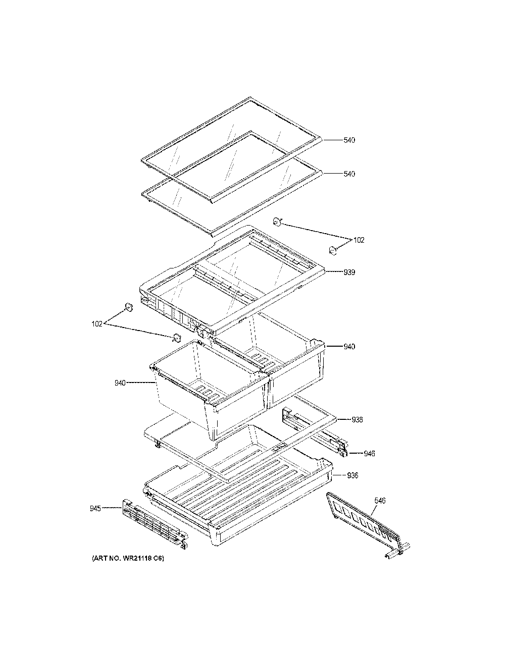 Fresh food shelves Diagram and Parts List for GNE21FMKLFES  General Electric Refrigerator