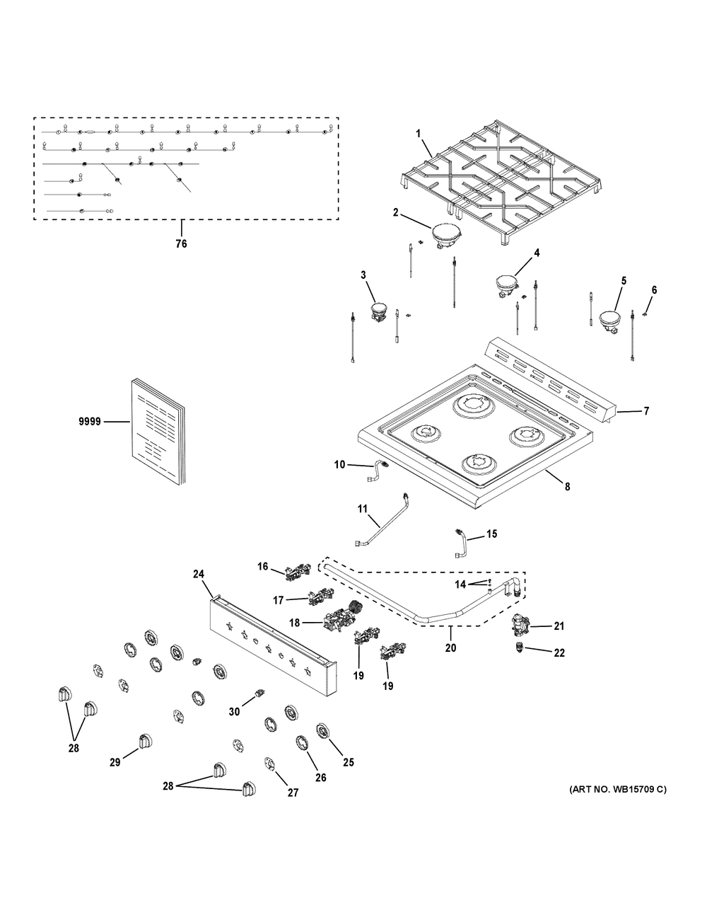Control Panel And Cooktop Diagram and Parts List for PLS624DT1BB  General Electric Range