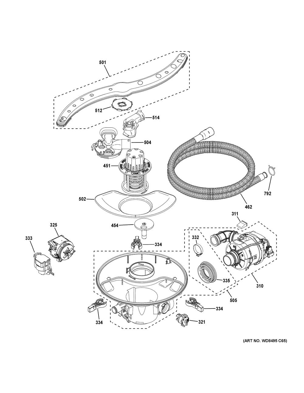 Motor, Sump And Filter Assembly Diagram and Parts List for CDT858P3V3D1  General Electric Dishwasher
