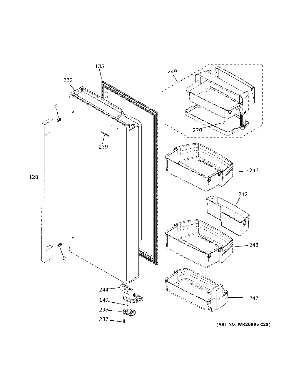 Fresh Food Door - Rh Diagram and Parts List for ZWE23ESNESS  General Electric Refrigerator
