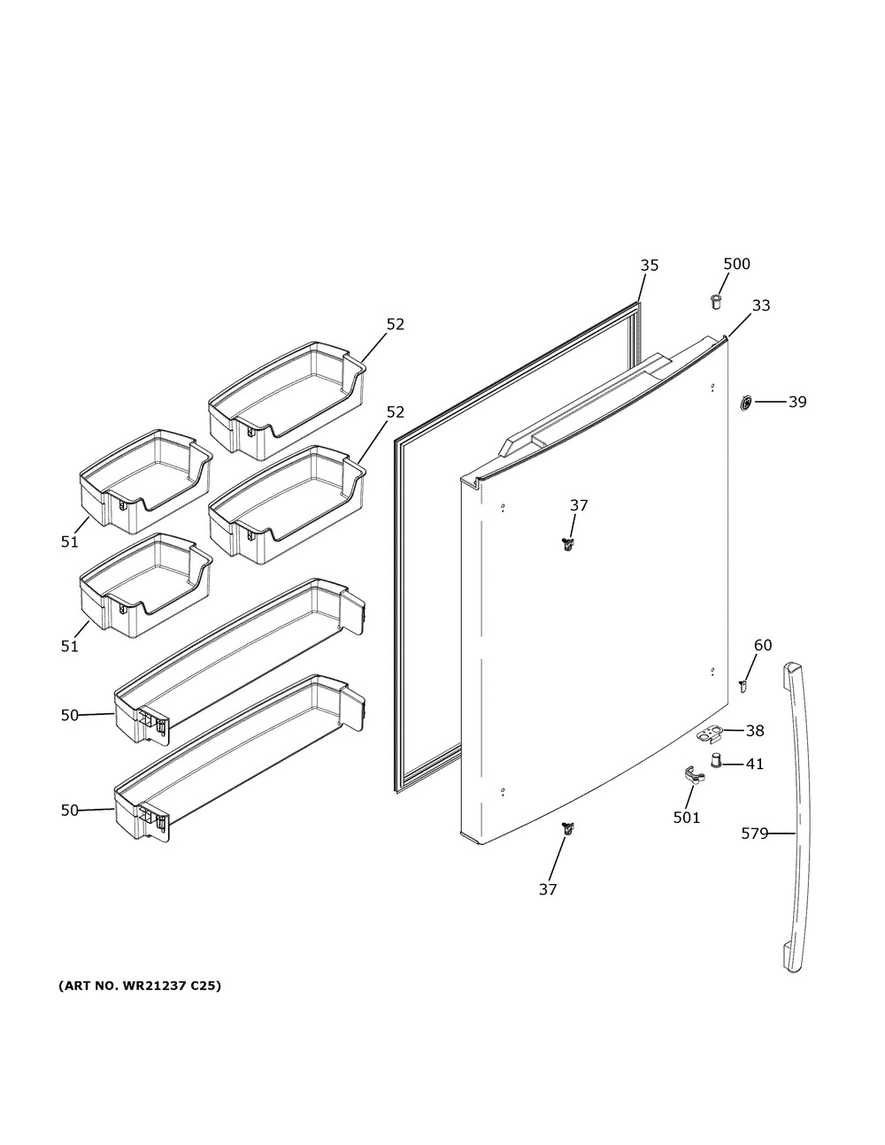 Fresh Food Door Diagram and Parts List for GDE25EYKHRFS  General Electric Refrigerator