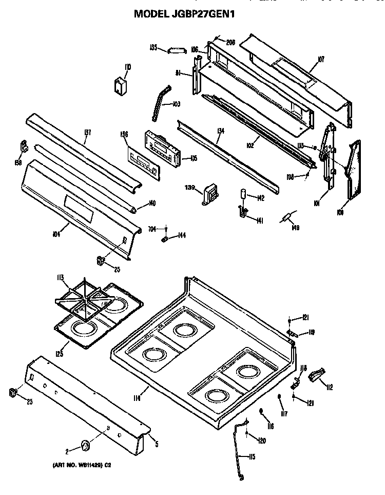 Cooktop And Backsplash Diagram and Parts List for JGBP27GEN1  General Electric Range