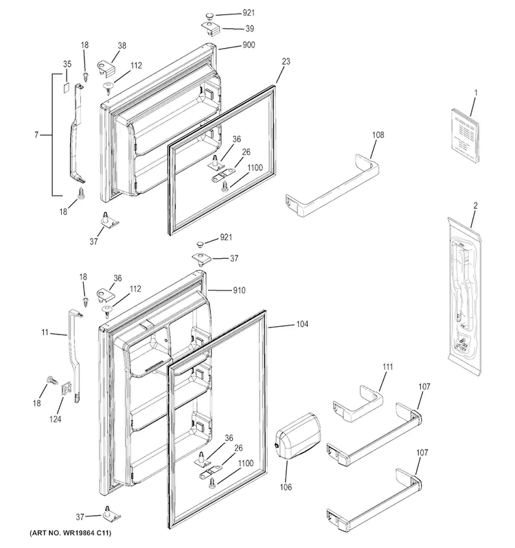 Doors Diagram and Parts List for GTH18DBDLRWW  General Electric Refrigerator