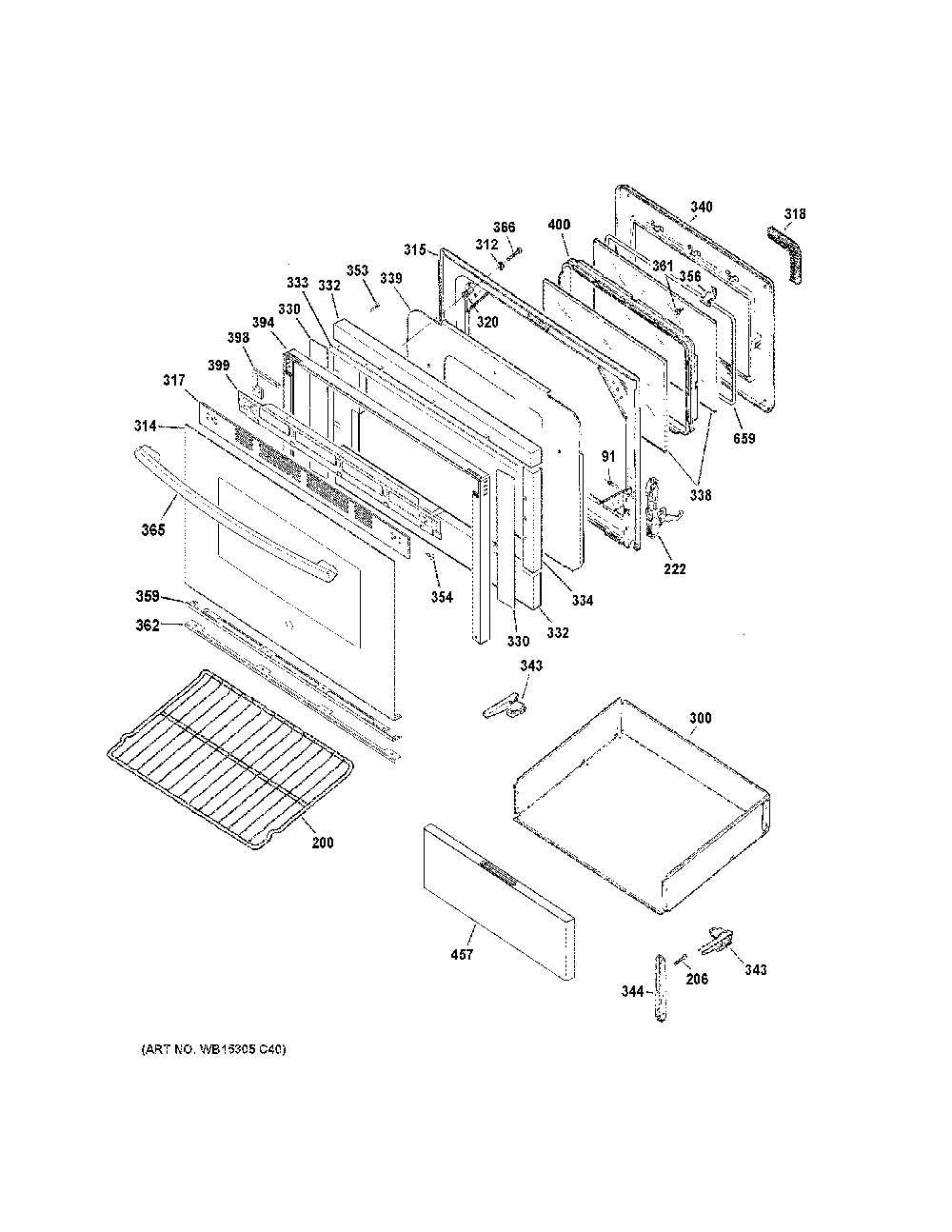 Door And Drawer Parts Diagram and Parts List for JB256RT2SS  General Electric Range