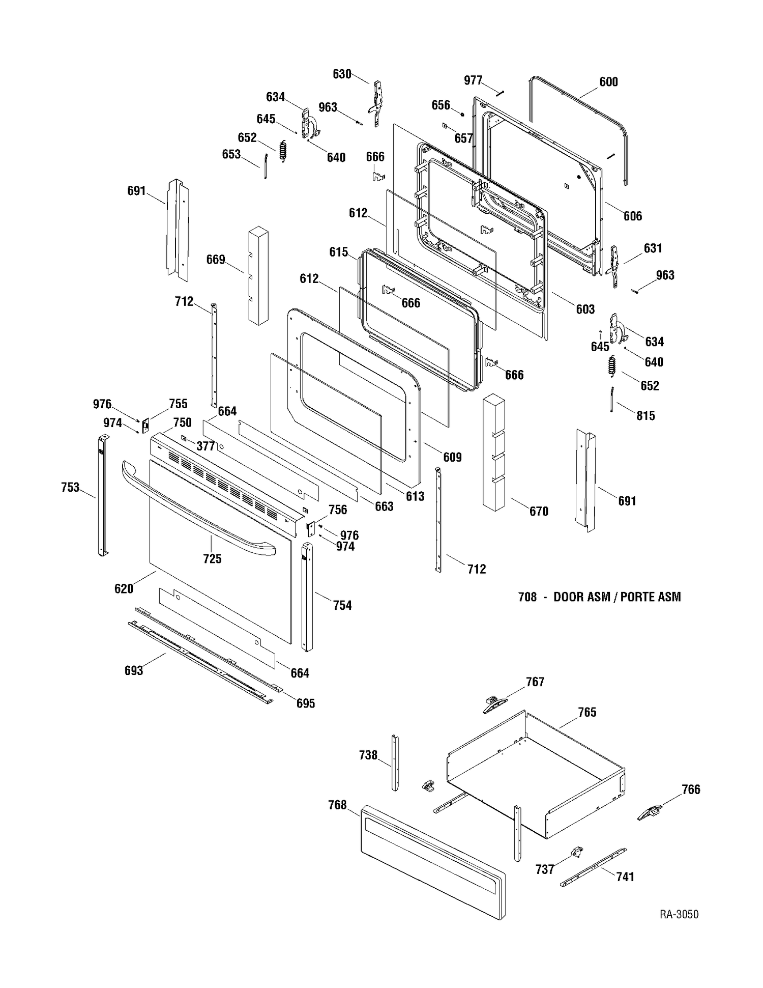 DOOR & DRAWER Diagram and Parts List for JCBP25DP1WW  General Electric Range