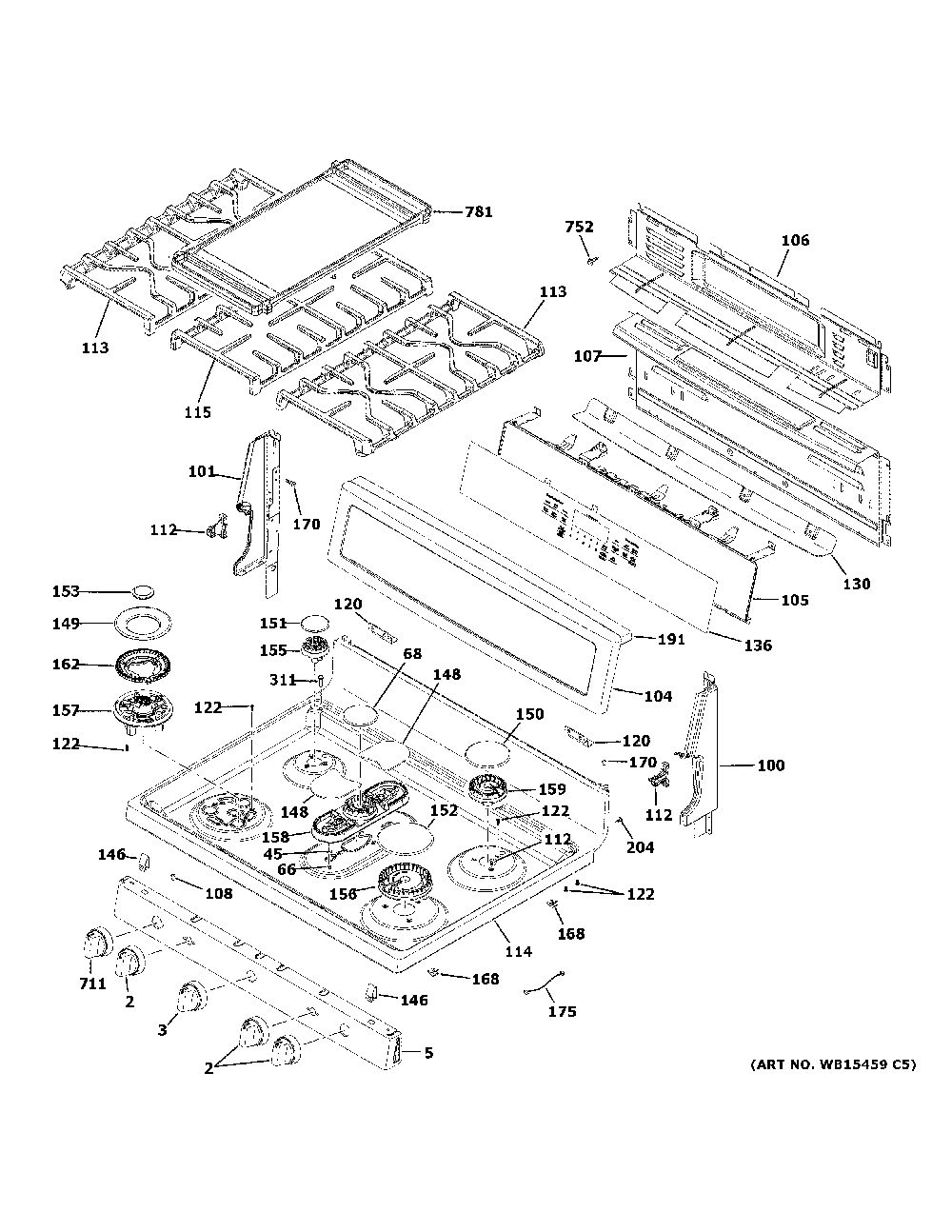 Control panel & cooktop Diagram and Parts List for PGB930SEJ7SS  General Electric Range