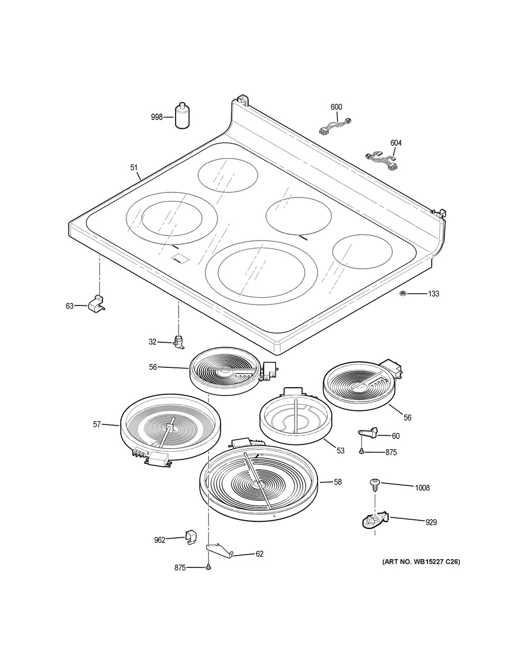 Cooktop Diagram and Parts List for JB750DJ6BB  General Electric Range
