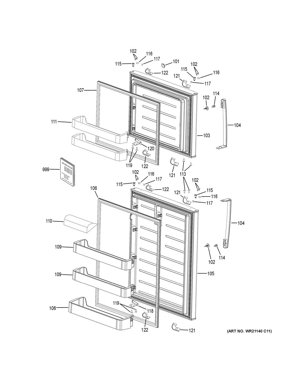 Doors Diagram and Parts List for GTS18FGLCWW  General Electric Refrigerator