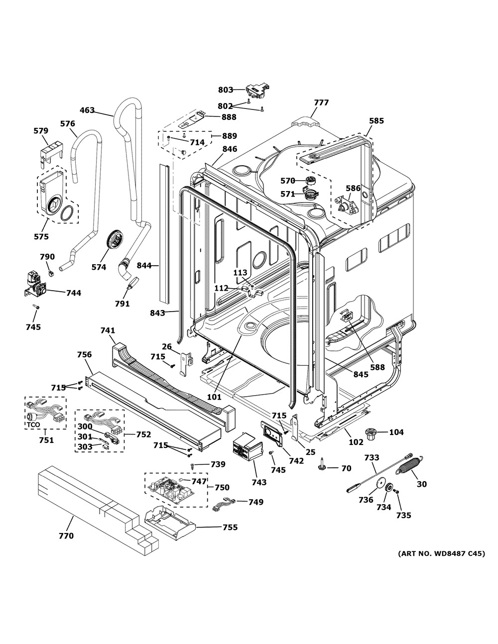 Body Parts 1 Diagram and Parts List for CDT805P2N0S1  General Electric Dishwasher