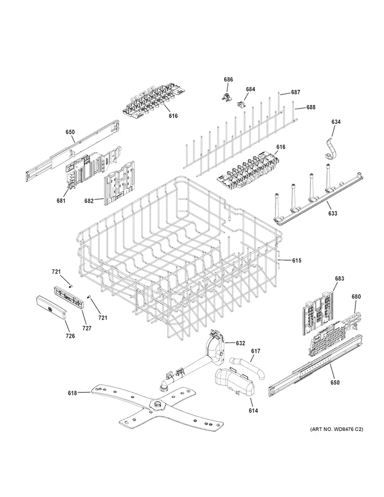 Upper Rack Assembly Diagram and Parts List for PDT720SSH6SS  General Electric Dishwasher