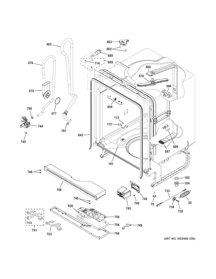 Body Parts Diagram and Parts List for GDF510PGD4WW  General Electric Dishwasher