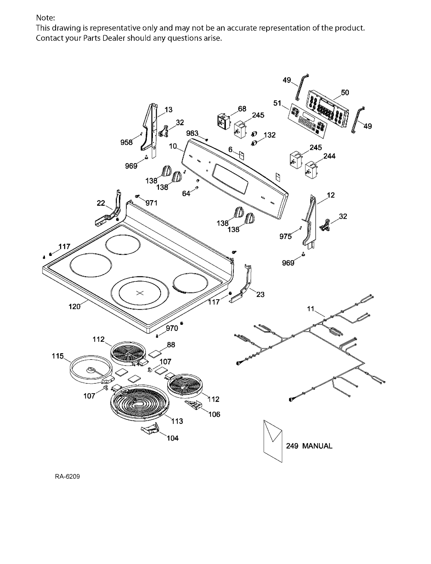 CONTROL PANEL & COOKTOP Diagram and Parts List for JCB730DF2BB  General Electric Range