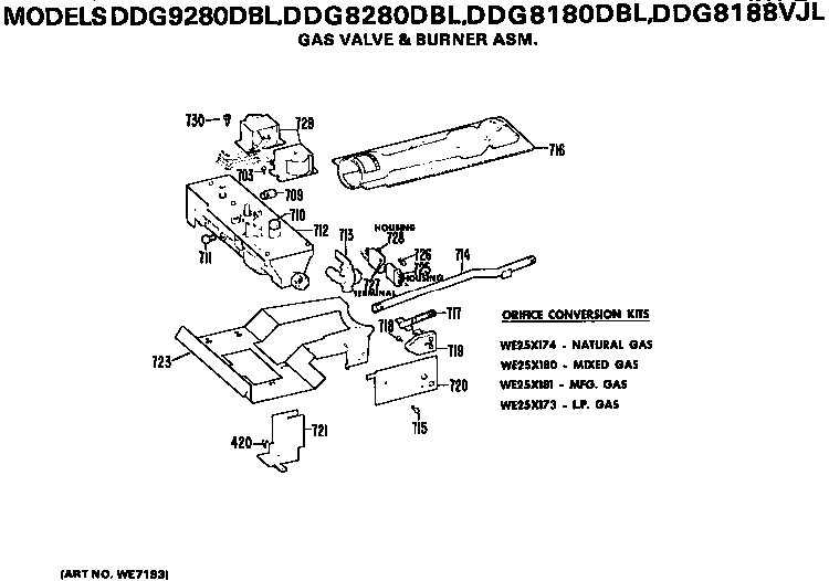 Gas Valve And Burner Diagram and Parts List for DDG8180DBL  General Electric Dryer