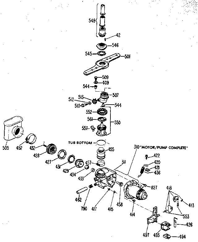Motor And Pump Assembly Diagram and Parts List for GSD1200L05  General Electric Dishwasher