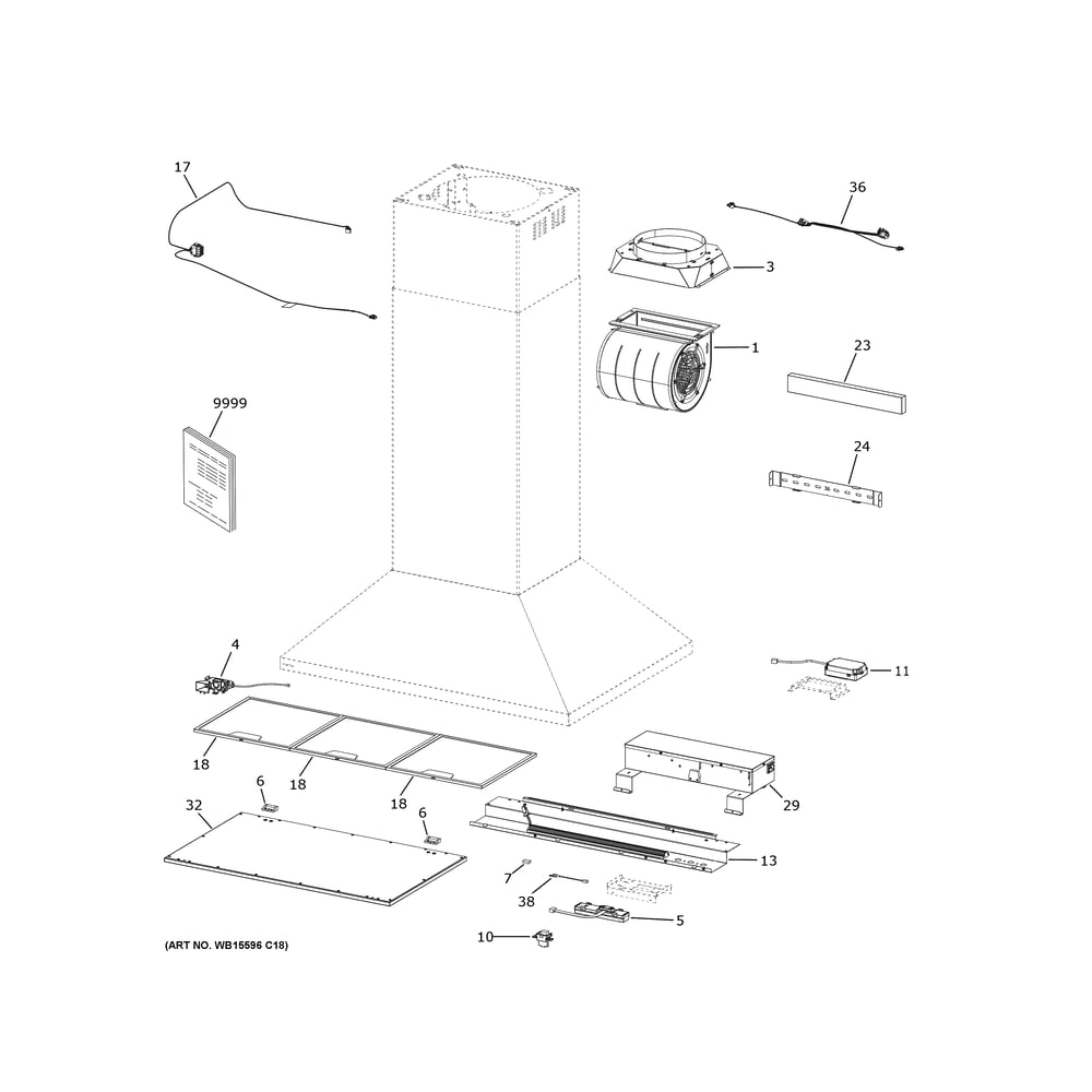 Range Hood Diagram and Parts List for ZVWS481SR1SS  General Electric Range Hood