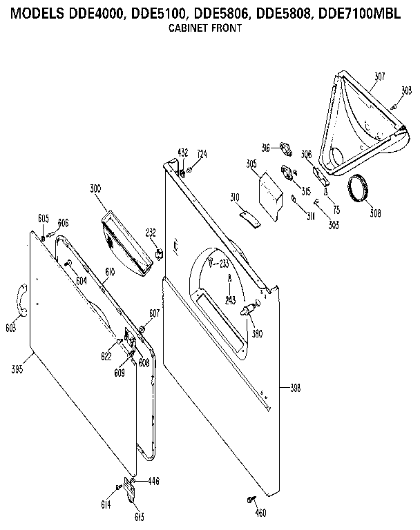 Cabinet Front Diagram and Parts List for DDE5100  General Electric Dryer