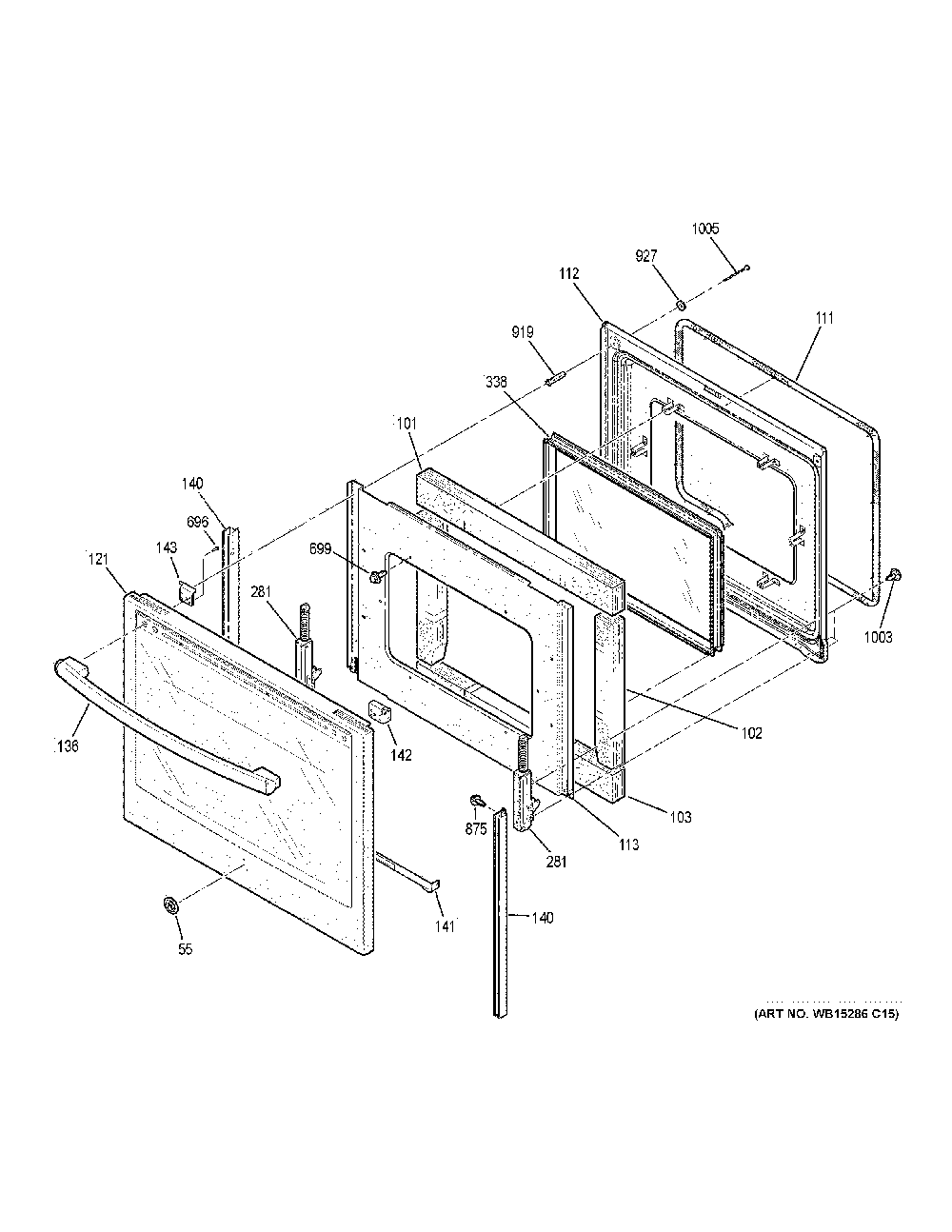 Door Diagram and Parts List for PB911FJ8DS  General Electric Range