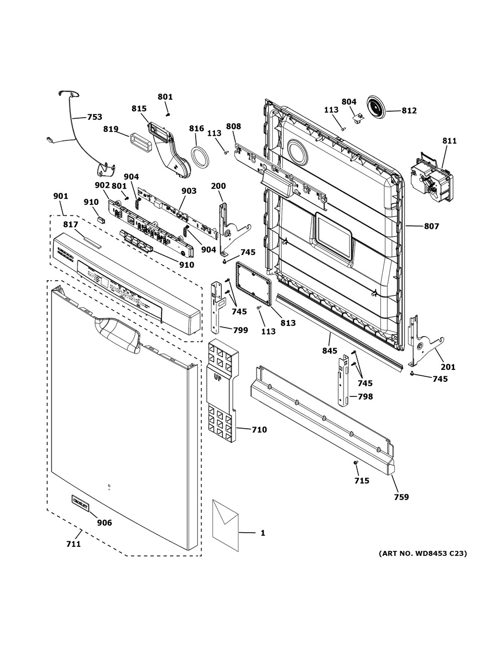 Escutcheon And Door Assembly Diagram and Parts List for XDF400PGN5WW  General Electric Dishwasher