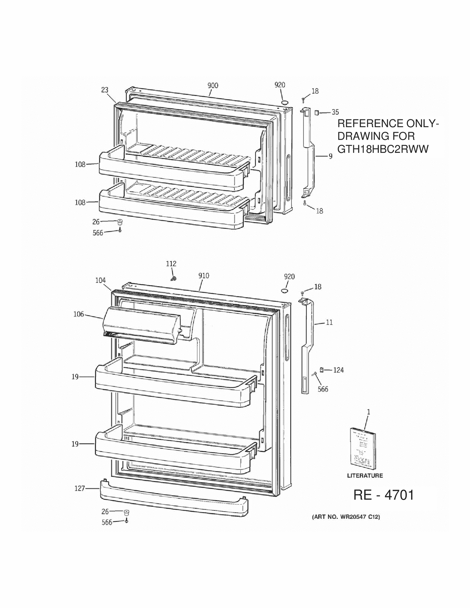 DOORS Diagram and Parts List for GTH18GBDR4WW  General Electric Refrigerator