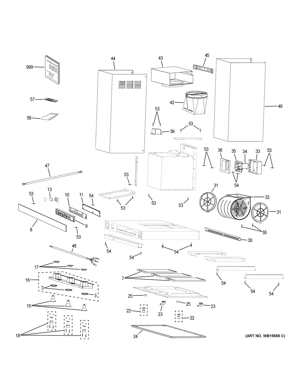 Range Hood Diagram and Parts List for UVW9361SL1SS  General Electric Range Hood