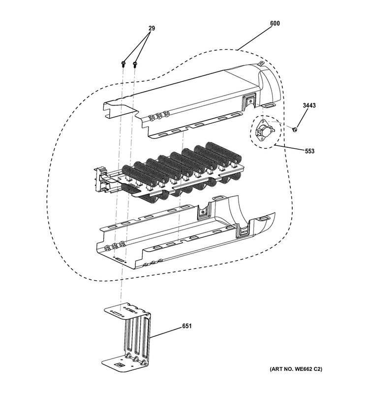 Electric Heater & Brackets Diagram and Parts List for GTDL740ED1WW  General Electric Dryer