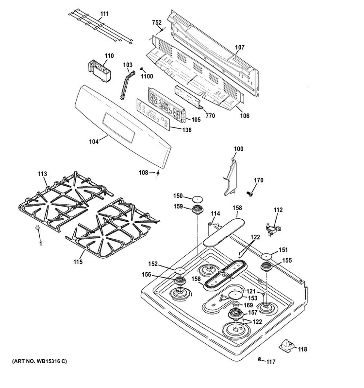 Control Panel & Cooktop Diagram and Parts List for JGB695DEF1WW  General Electric Range