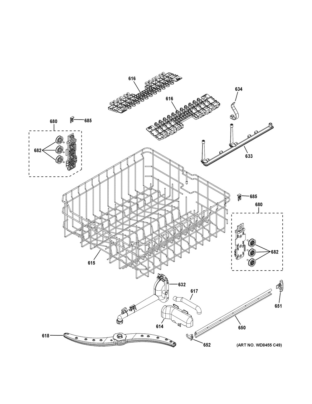 Upper Rack Assembly Diagram and Parts List for GDP615HFM0DS  General Electric Dishwasher
