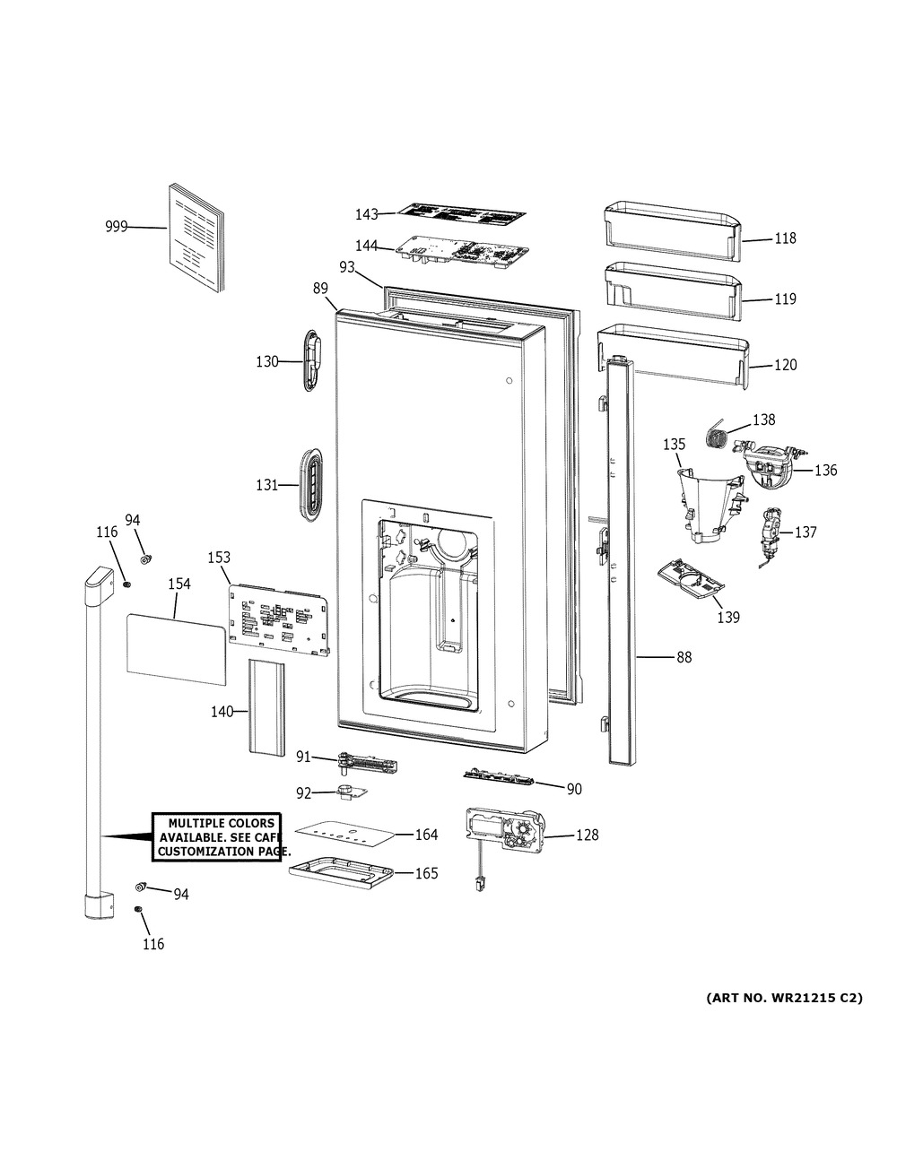 Dispenser Door Diagram and Parts List for CVE28DP2NBS1  General Electric Refrigerator