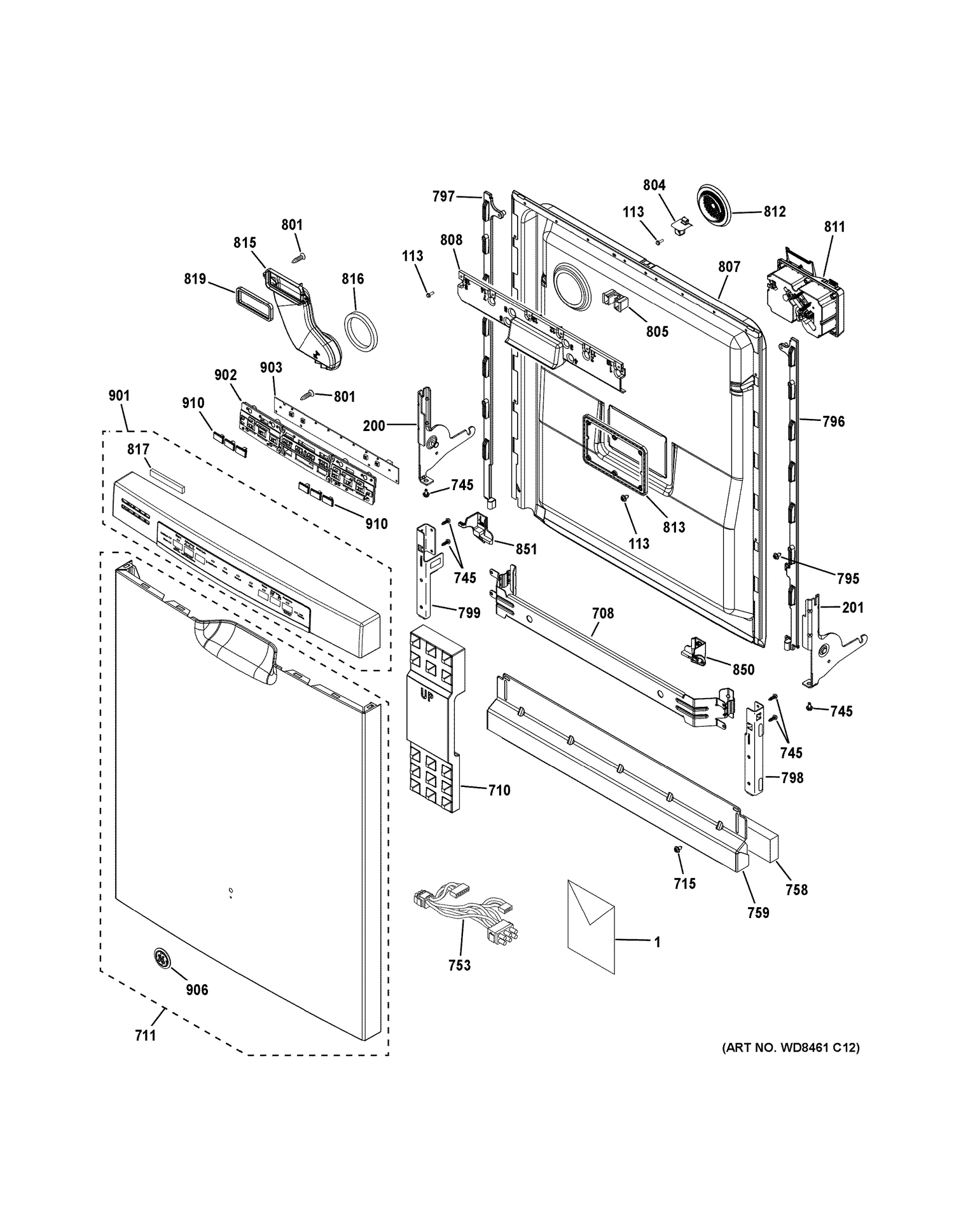 ESCUTCHEON & DOOR ASSEMBLY Diagram and Parts List for GDF620HMJ4ES  General Electric Dishwasher