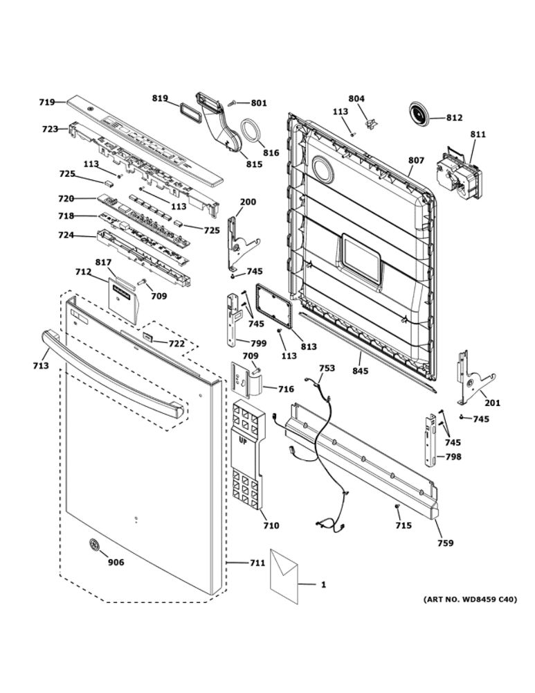 Escutcheon And Door Assembly Diagram and Parts List for GDT630PFM5DS  General Electric Dishwasher