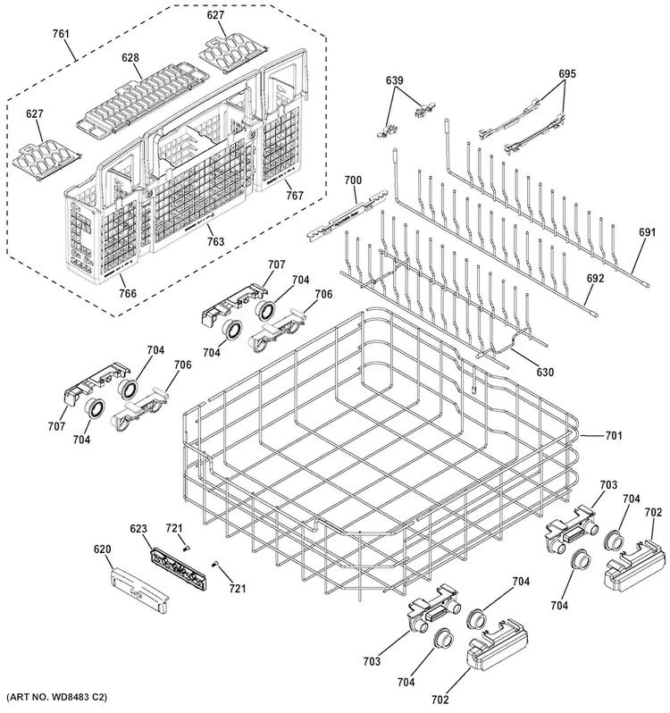 Lower Rack Assembly Diagram and Parts List for CDT765SSF1SS  General Electric Dishwasher