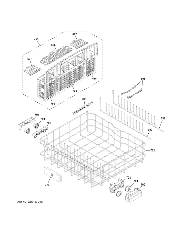 Lower Rack Assembly Diagram and Parts List for PDT750SMF4ES  General Electric Dishwasher