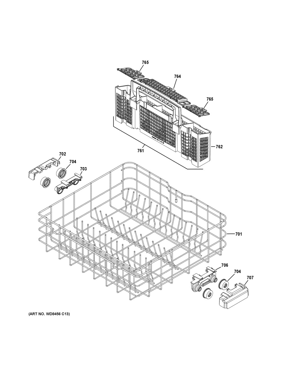 Lower Rack Assembly Diagram and Parts List for GDT605PGM0BB  General Electric Dishwasher