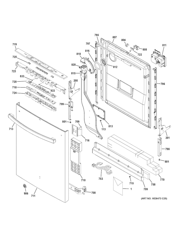 Escutcheon & Door Assembly Diagram and Parts List for GDT720SGF2WW  General Electric Dishwasher