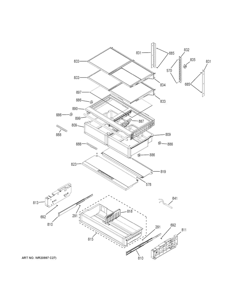 Fresh Food Shelves Diagram and Parts List for PWE23KSKBSS  General Electric Refrigerator