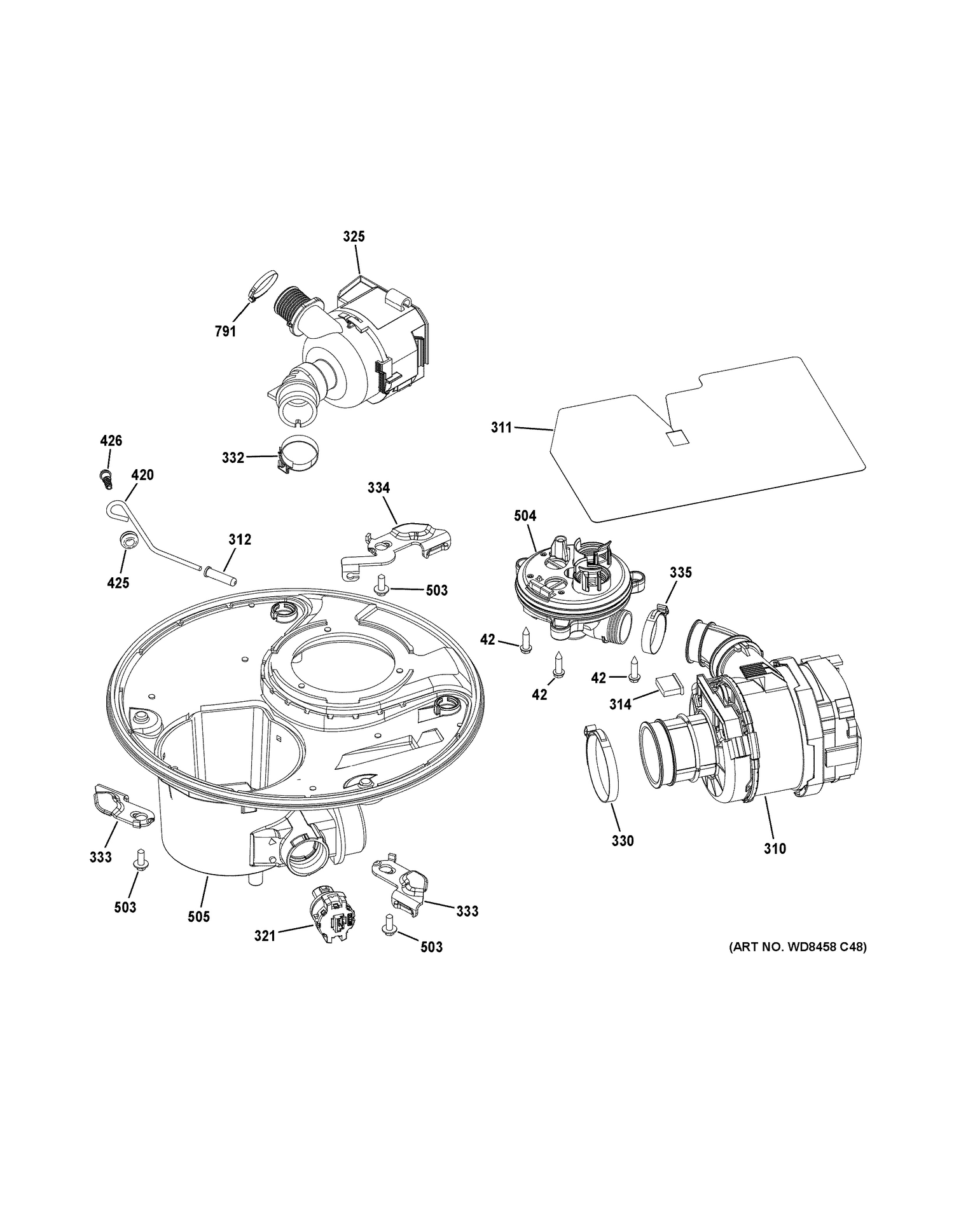 SUMP & MOTOR MECHANISM Diagram and Parts List for ZDT915SSJ2SS  General Electric Dishwasher