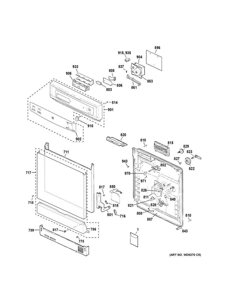 Escutcheon & Door Assembly Diagram and Parts List for GSM2260V50SS  General Electric Dishwasher