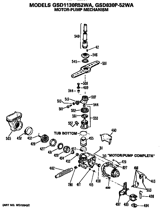 Motor/pump Diagram and Parts List for GSD1130R52WA  General Electric Dishwasher