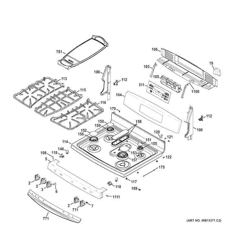 Control Panel & Cooktop Diagram and Parts List for JGB850EEF1ES  General Electric Range