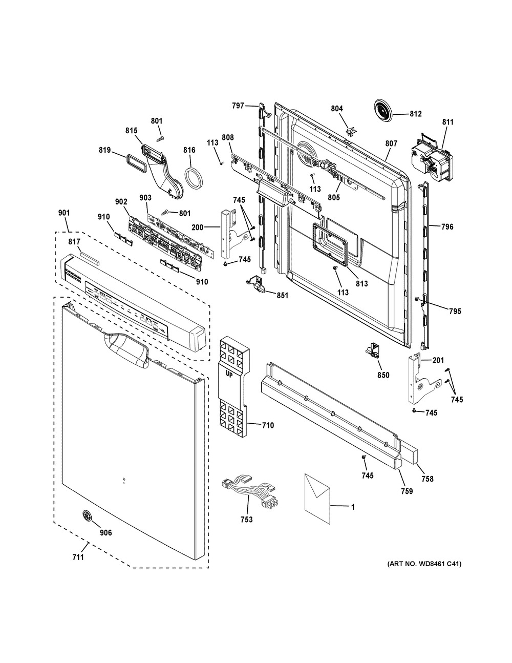 Escutcheon & Door Assembly Diagram and Parts List for GDF570SGJ4CC  General Electric Dishwasher