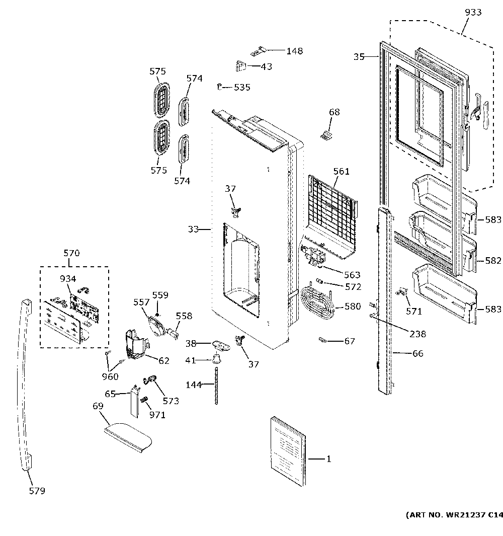 Dispenser Door Diagram and Parts List for GFE24JBLPFTS  General Electric Refrigerator
